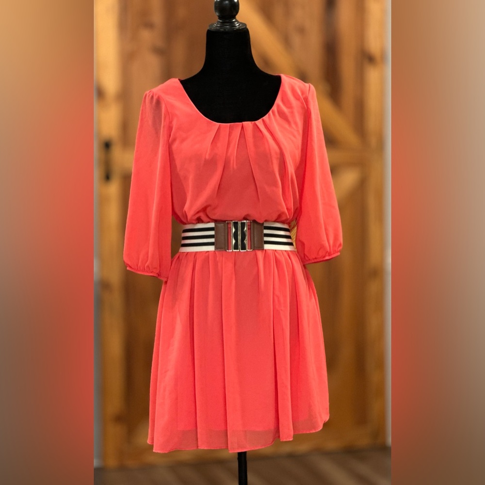 💘Pink Chiffon Knee-length 3/4 Sleeve Dress with Stretch Belt